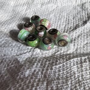 925 Floral Glass Beads with Pink and Green Accents